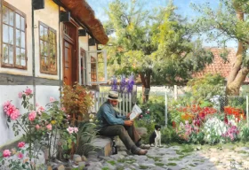 A man reading a newspaper sitting on a step in a flowery courtyard 1931 by Peder Mørk Mønsted