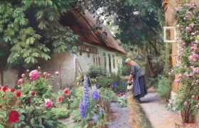 An old woman watering the flowers behind a thatched farmhouse 1928 by Peder Mørk Mønsted