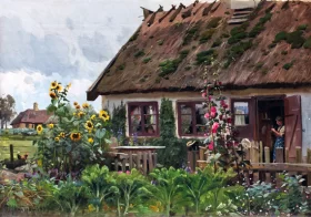 Girl knitting in doorway 1909 by Peder Mørk Mønsted