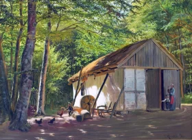 Hens being fed by a mother and her children in a clearing in the forest 1896 by Peder Mørk Mønsted