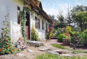 Little girls in the sunshine in a blooming garden behind a farm 1918 by Peder Mørk Mønsted Little girls in the sunshine in a blooming garden behind a farm 1918 by Peder Mørk Mønsted