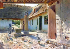 Summer day with geese in a cobbled farmyard, 1935 by Peder Mørk Mønsted Summer day with geese in a cobbled farmyard, 1935 by Peder Mørk Mønsted