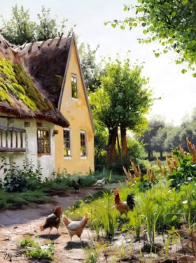 Summer day with chickens in the backyard of a farm 1901 by Peder Mørk Mønsted Summer day with chickens in the backyard of a farm 1901 by Peder Mørk Mønsted