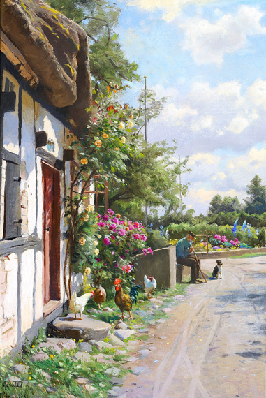 The road through the village of Thorup on the island of Samsø 1931 by Peder Mørk Mønsted, oil painting reproduction on canvas The road through the village of Thorup on the island of Samsø 1931 by Peder Mørk Mønsted