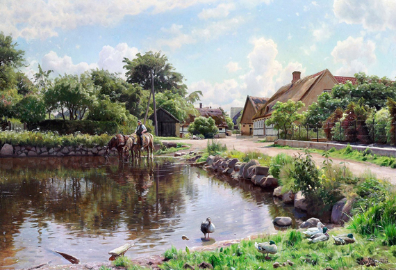The horses are being watered in the village pond, 1929 by Peder Mørk Mønsted, oil painting reproduction on canvas The horses are being watered in the village pond, 1929 by Peder Mørk Mønsted