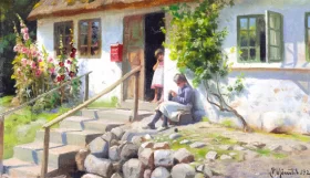 Two little girls in front of a thatched house, 1925 by Peder Mørk Mønsted