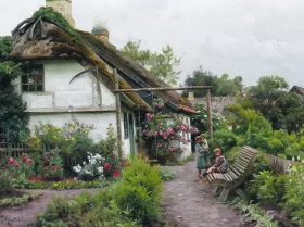 Children playing in the garden of a farmhouse 1924 by Peder Mørk Mønsted
