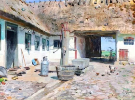 Ducks and chickens in a courtyard, sunny afternoon 1935 by Peder Mørk Mønsted Ducks and chickens in a courtyard, sunny afternoon 1935 by Peder Mørk Mønsted