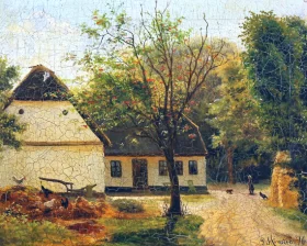 Farm scenery with a girl feeding the hens, 1876 by Peder Mørk Mønsted Farm scenery with a girl feeding the hens, 1876 by Peder Mørk Mønsted