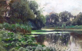 A forest pond with water-lilies 1908 by Peder Mørk Mønsted A forest pond with water-lilies 1908 by Peder Mørk Mønsted