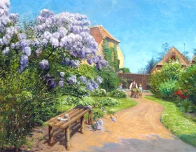A garden with a lilac in bloom, in the background a man and two children 1900 by Peder Mørk Mønsted