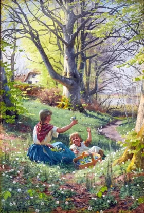 Children playing in a meadow with spring flowers, 1897 by Peder Mørk Mønsted Children playing in a meadow with spring flowers, 1897 by Peder Mørk Mønsted