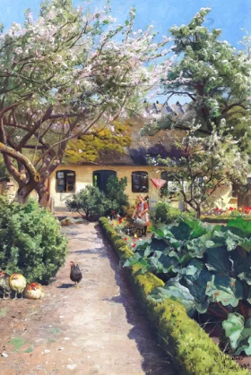 Springtime in a garden with a girl watering the flowers 1920 by Peder Mørk Mønsted Springtime in a garden with a girl watering the flowers 1920 by Peder Mørk Mønsted