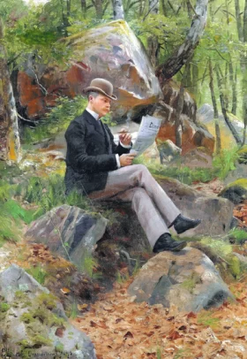 Swedish forest scene with an elegant man reading a newspaper, 1893 by Peder Mørk Mønsted Swedish forest scene with an elegant man reading a newspaper, 1893 by Peder Mørk Mønsted