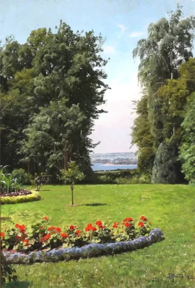 View from Cathrinebjerg Garden on Fyn, Denmark, 1915 by Peder Mørk Mønsted View from Cathrinebjerg Garden on Fyn, Denmark, 1915 by Peder Mørk Mønsted