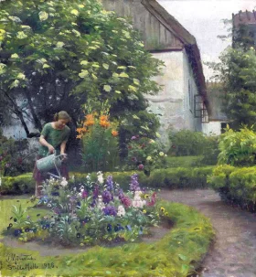 Watering the garden 1925 by Peder Mørk Mønsted Watering the garden 1925 by Peder Mørk Mønsted