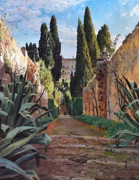 Steps leading up to Villa d'este. View from Tivoli near Rome 1884 by Peder Mørk Mønsted Steps leading up to Villa d'este. View from Tivoli near Rome 1884 by Peder Mørk Mønsted