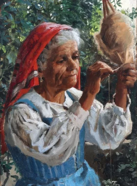 An Italian woman spins wool 1885 by Peder Mørk Mønsted An Italian woman spins wool 1885 by Peder Mørk Mønsted
