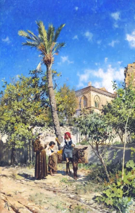 Outside Palazzo St. Stefano on Taormina in Sicily, two girls offering oranges to a monk 1886 by Peder Mørk Mønsted Outside Palazzo St. Stefano on Taormina in Sicily, two girls offering oranges to a monk 1886 by Peder Mørk Mønsted