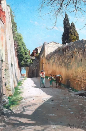 View from S. Vigilio with people and a donkey on a village road 1909 by Peder Mørk Mønsted View from S. Vigilio with people and a donkey on a village road 1909 by Peder Mørk Mønsted