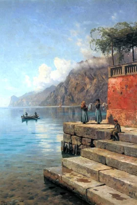 From Torbole at Lake Garda in Italy with women washing clothes 1908 by Peder Mørk Mønsted From Torbole at Lake Garda in Italy with women washing clothes 1908 by Peder Mørk Mønsted