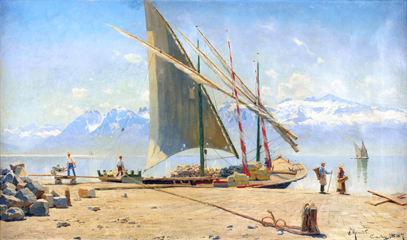 Unloading stone from a barge at Ouchy, Lac Leman 1887 by Peder Mørk Mønsted, oil painting reproduction on canvas Unloading stone from a barge at Ouchy, Lac Leman 1887 by Peder Mørk Mønsted