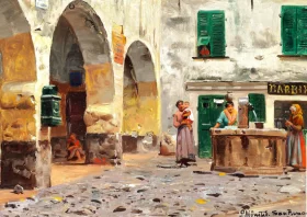 Italian women at a fountain on a square in San Remo 1906 by Peder Mørk Mønsted Italian women at a fountain on a square in San Remo 1906 by Peder Mørk Mønsted
