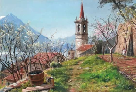 Spring in Varenna in Italy with a woman watering a flower bed 1921 by Peder Mørk Mønsted Spring in Varenna in Italy with a woman watering a flower bed 1921 by Peder Mørk Mønsted