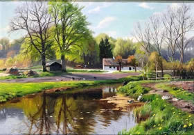 Vårlandskap med fiskande man vid å by Peder Mørk Mønsted Vårlandskap med fiskande man vid å by Peder Mørk Mønsted