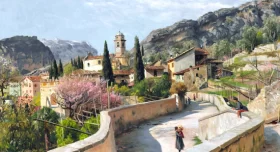 Spring day with fruit trees in bloom in Torbole at Lake Garda 1909 by Peder Mørk Mønsted Spring day with fruit trees in bloom in Torbole at Lake Garda 1909 by Peder Mørk Mønsted