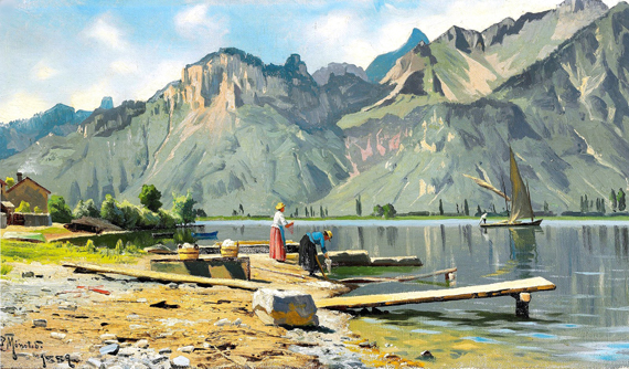 Washerwomen on the shore of Lake Geneva, 1889 by Peder Mørk Mønsted, oil painting reproduction on canvas Washerwomen on the shore of Lake Geneva, 1889 by Peder Mørk Mønsted