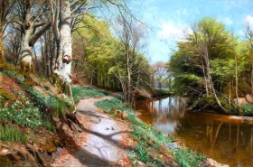 Vårlandskap med vitsippor och å, 1909 by Peder Mørk Mønsted Vårlandskap med vitsippor och å, 1909 by Peder Mørk Mønsted