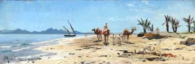 Coastal scene from Tunis with Arabs and their dromedaries 1886 by Peder Mørk Mønsted Coastal scene from Tunis with Arabs and their dromedaries 1886 by Peder Mørk Mønsted