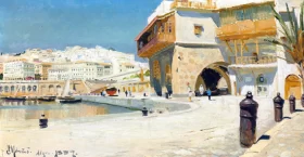 Harbor scene from Algiers, 1889 by Peder Mørk Mønsted Harbor scene from Algiers, 1889 by Peder Mørk Mønsted