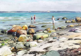 Young women bathing at the beach at Ålsgårde 1921 by Peder Mørk Mønsted Young women bathing at the beach at Ålsgårde 1921 by Peder Mørk Mønsted