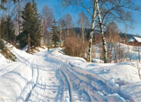 Solbelyst vinterlandskap, 1919 by Peder Mørk Mønsted