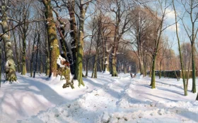 Snowy forest road in sunlight 1908 by Peder Mørk Mønsted