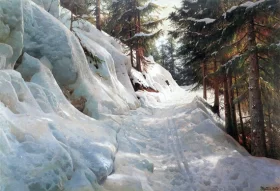 Norwegian winter landscape with road through the forest by Peder Mørk Mønsted