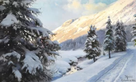 Winter landscape at Morteratsch in Switzerland 1920 by Peder Mørk Mønsted