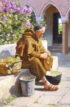 A monk preparing vegetables in the garden of a monastery 1926 by Peder Mørk Mønsted