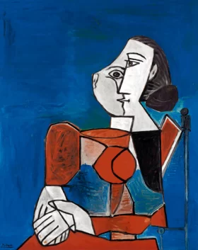 Femme Assise En Costume Rouge Sur Fond Bleu by Pablo Picasso (inspired)