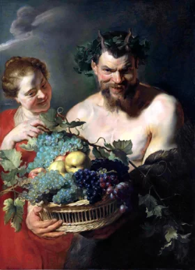 A Satyr Holding a Basket of Grapes and Quinces with a Nymph by Peter Paul Rubens A Satyr Holding a Basket of Grapes and Quinces with a Nymph by Peter Paul Rubens