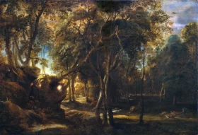 A Forest at Dawn with a Deer Hunt 1635 by Peter Paul Rubens A Forest at Dawn with a Deer Hunt 1635 by Peter Paul Rubens