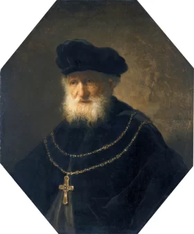 Bust of an old bearded man wearing a golden chain with a cross by Rembrandt