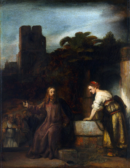 Christ and the Woman from Samaria 1655 by Rembrandt, oil painting reproduction on canvas Christ and the Woman from Samaria 1655 by Rembrandt
