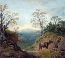 Wooded Landscape with a boy leading a donkey and dog, and an extensive panorama with buildings and distant hills by Thomas Gainsborough Wooded Landscape with a boy leading a donkey and dog, and an extensive panorama with buildings and distant hills by Thomas Gainsborough