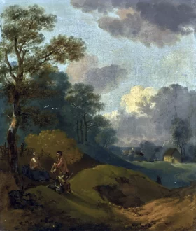 Wooded landscape with peasants resting, and a distant cottage by Thomas Gainsborough Wooded landscape with peasants resting, and a distant cottage by Thomas Gainsborough