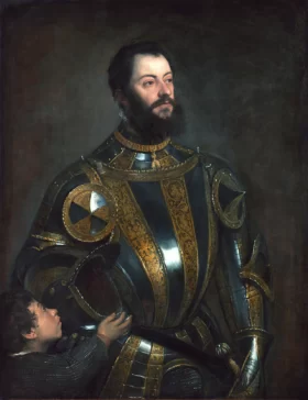 Portrait of Alfonso d'Avalos, Marchese del Vasto, in Armor with a Page 1533 by Titian Vecellio