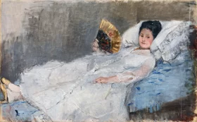 Lady with fan, Portrait of Madame Marie Hubbard 1874 by Berthe Morisot