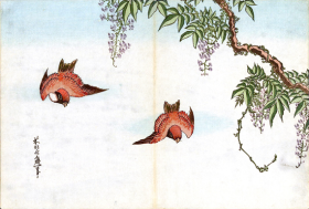Sparrows and Wisteria by Katsushika Hokusai